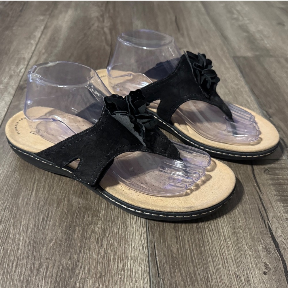 Clarks Laurieann‎ Gema Black Flower Thong Sandals Women's US 9